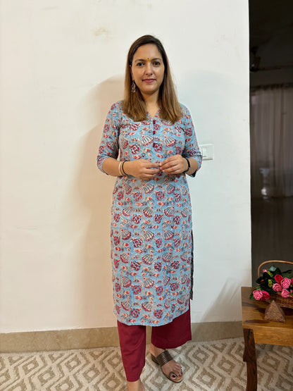 Light Sky Blue Floral Block Printed Collar Kurta