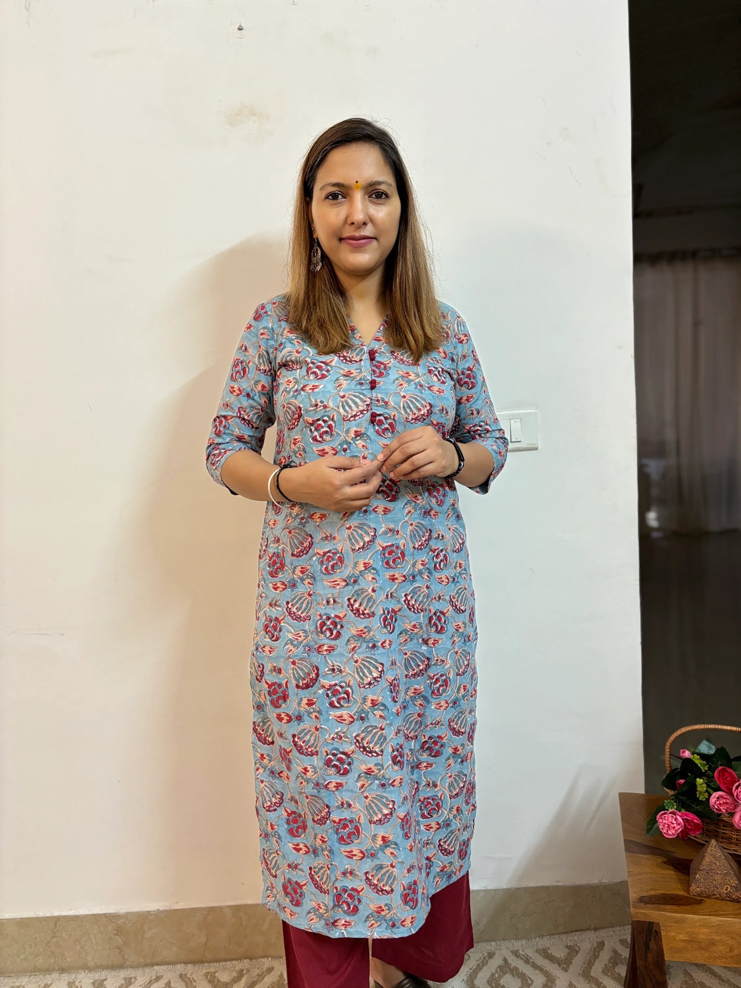 Light Sky Blue Floral Block Printed Collar Kurta