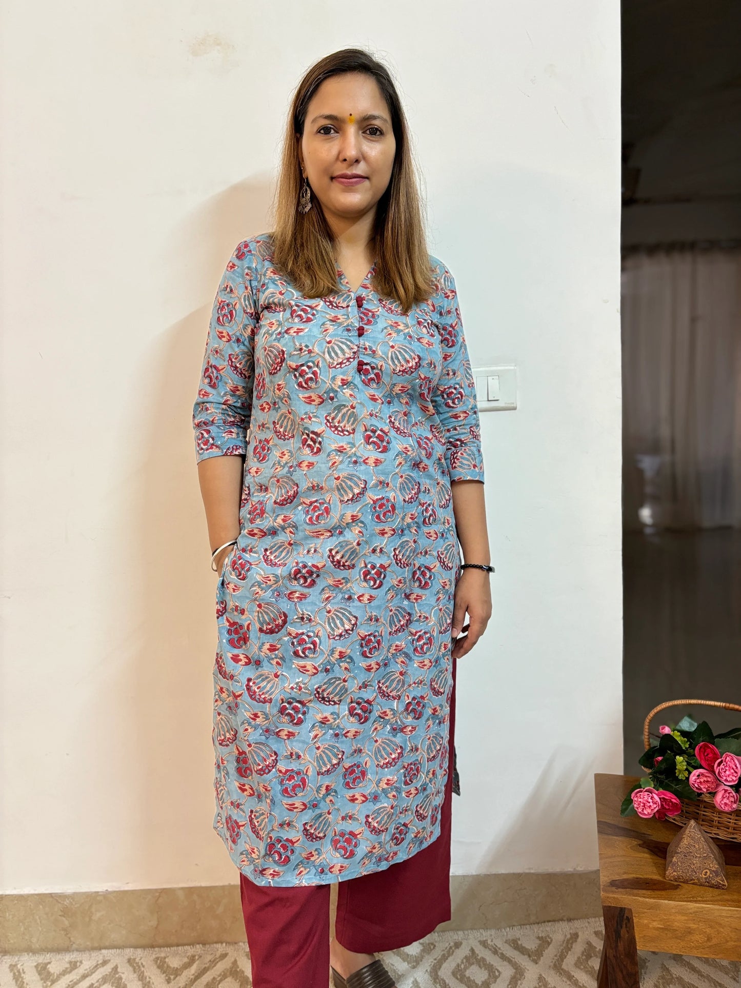 Light Sky Blue Floral Block Printed Collar Kurta