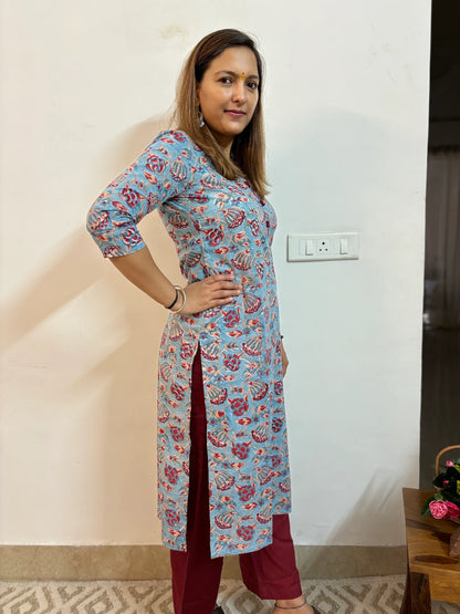 Light Sky Blue Floral Block Printed Collar Kurta