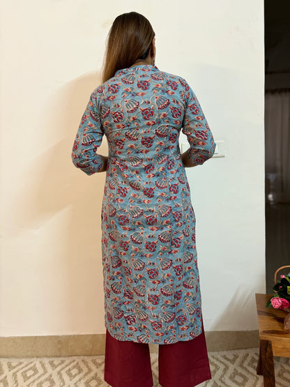 Light Sky Blue Floral Block Printed Collar Kurta