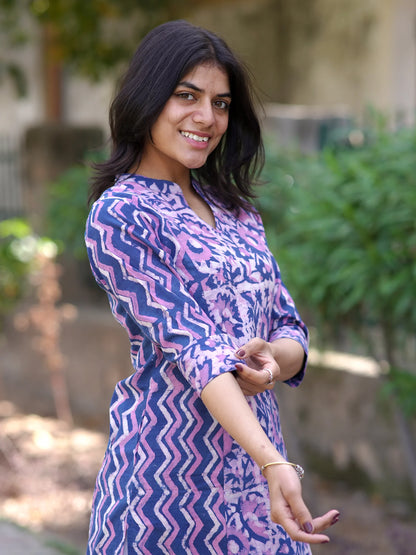 Lilac Garden Block Printed A-line COTTON Kurta