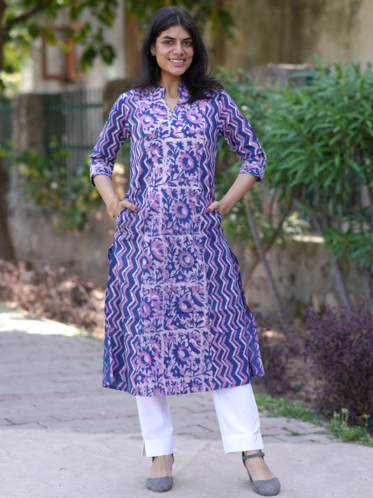 Lilac Garden Block Printed A-line COTTON Kurta