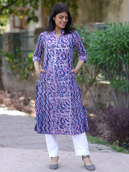 Lilac Garden Block Printed A-line COTTON Kurta