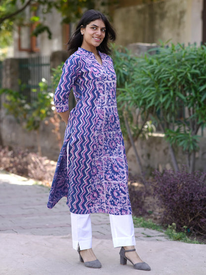 Lilac Garden Block Printed A-line COTTON Kurta