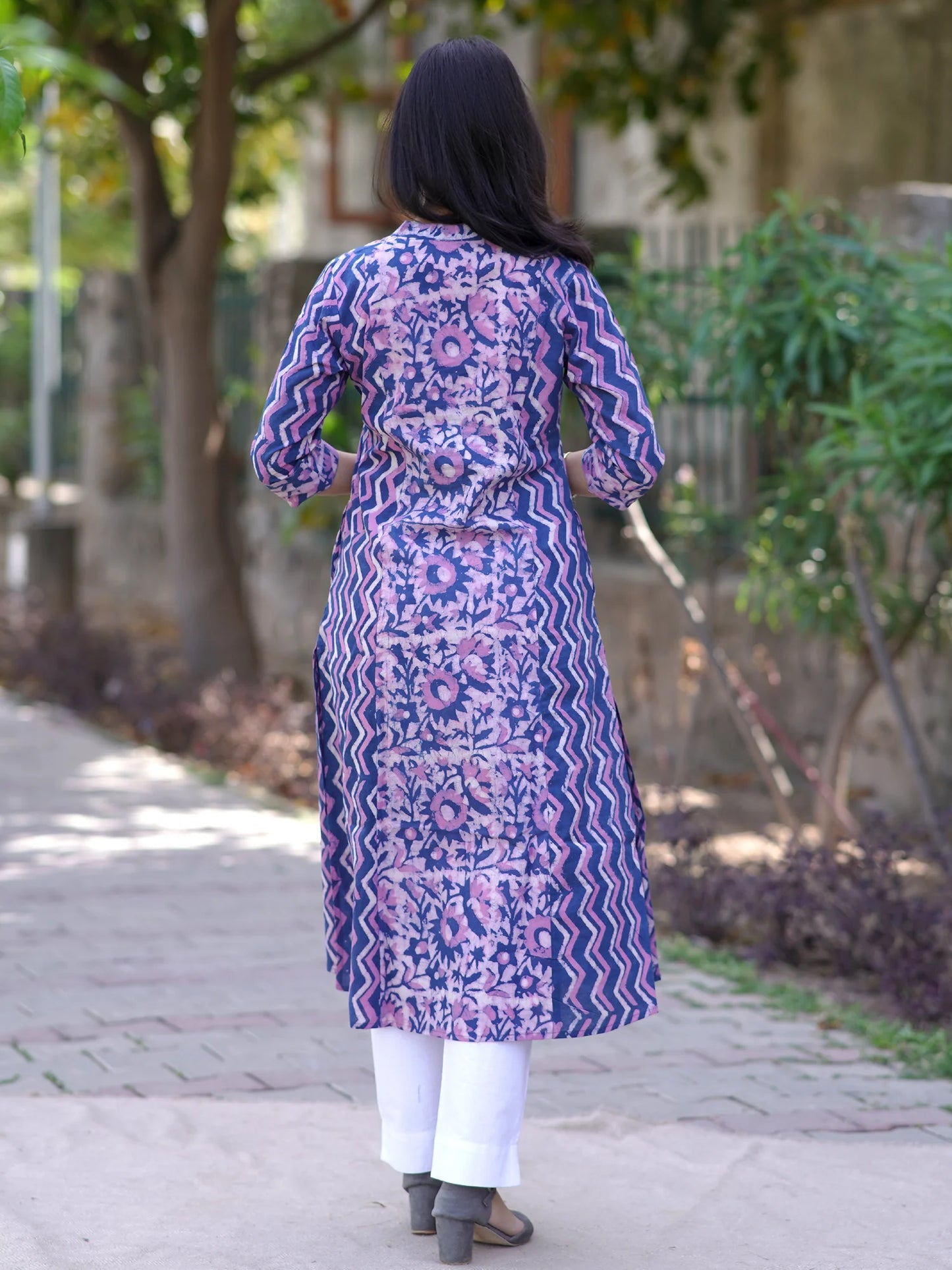 Lilac Garden Block Printed A-line COTTON Kurta
