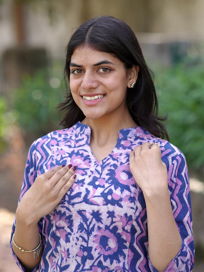 Lilac Garden Block Printed A-line COTTON Kurta