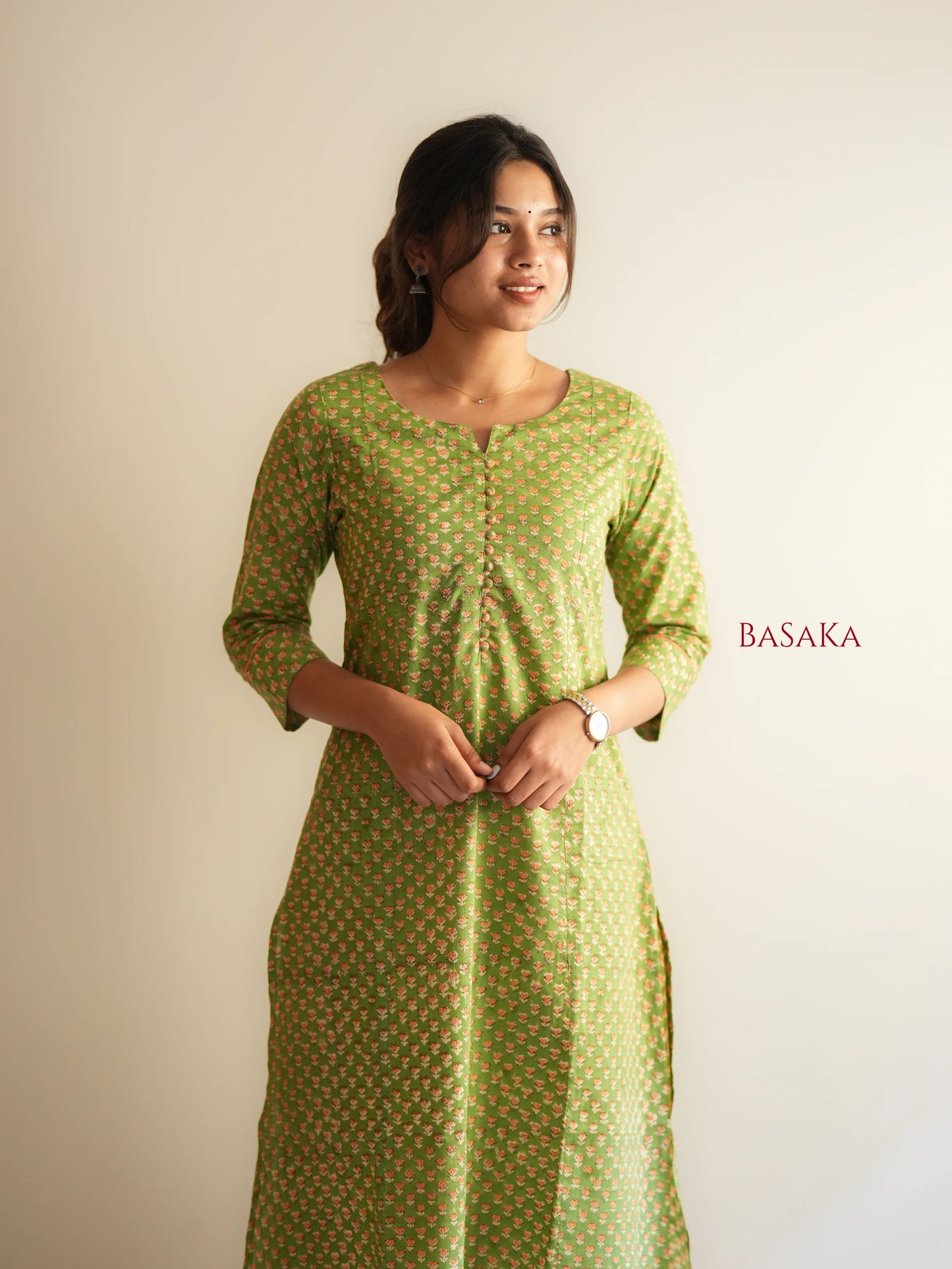 Lime Green Block Printed COTTON A-line Kurta