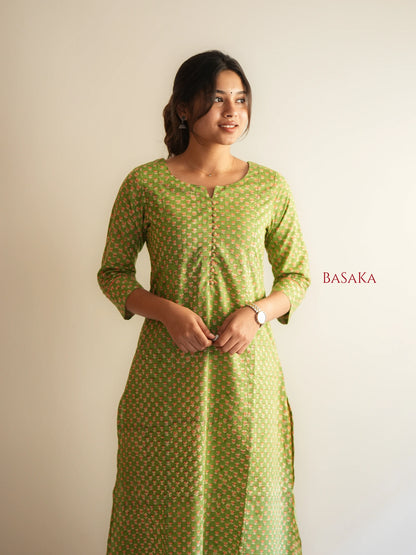 Lime Green Block Printed COTTON A-line Kurta