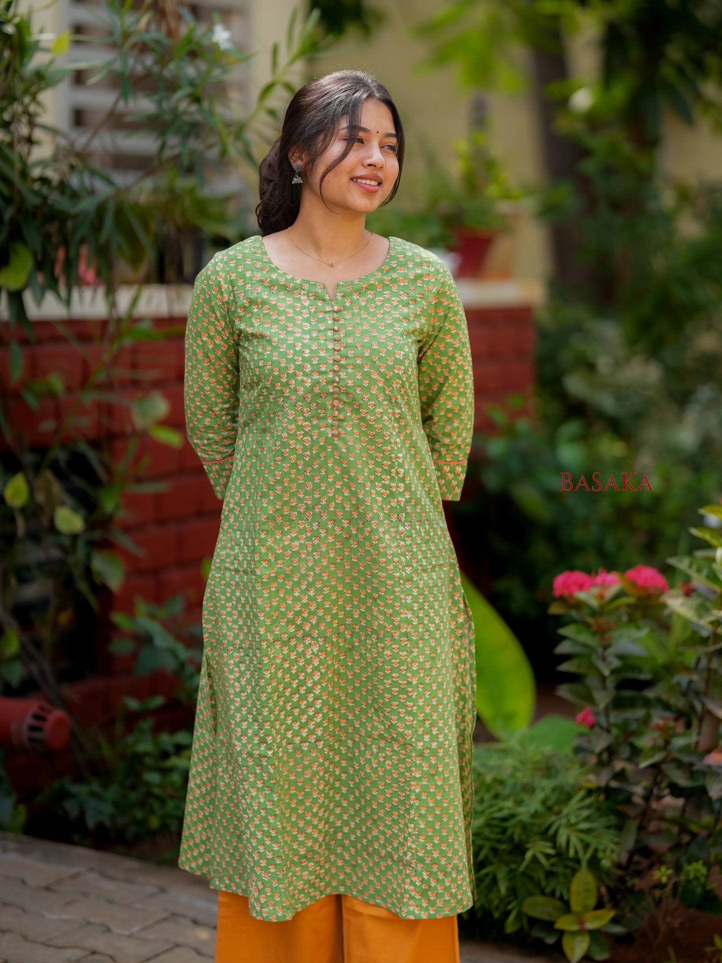 Lime Green Block Printed COTTON A-line Kurta