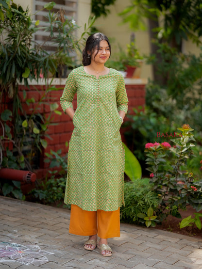 Lime Green Block Printed COTTON A-line Kurta
