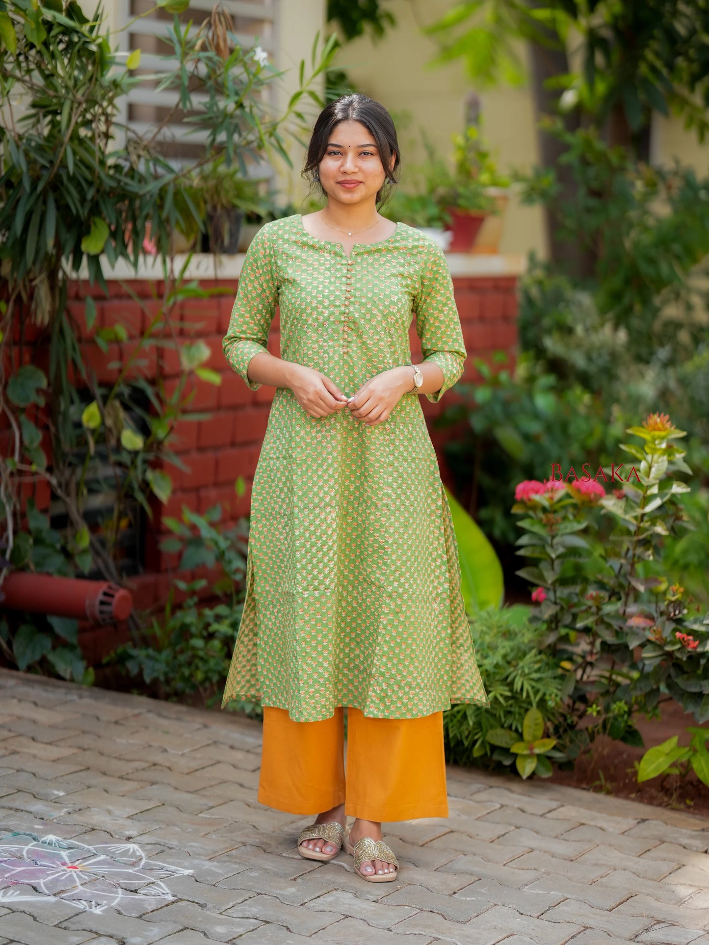 Lime Green Block Printed COTTON A-line Kurta