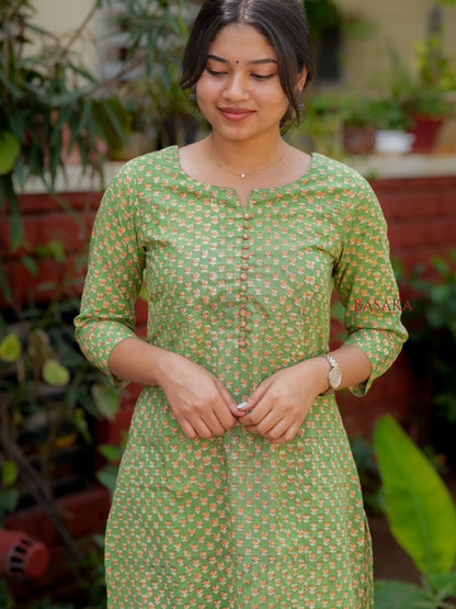 Lime Green Block Printed COTTON A-line Kurta