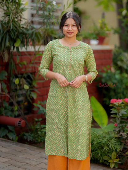 Lime Green Block Printed COTTON A-line Kurta