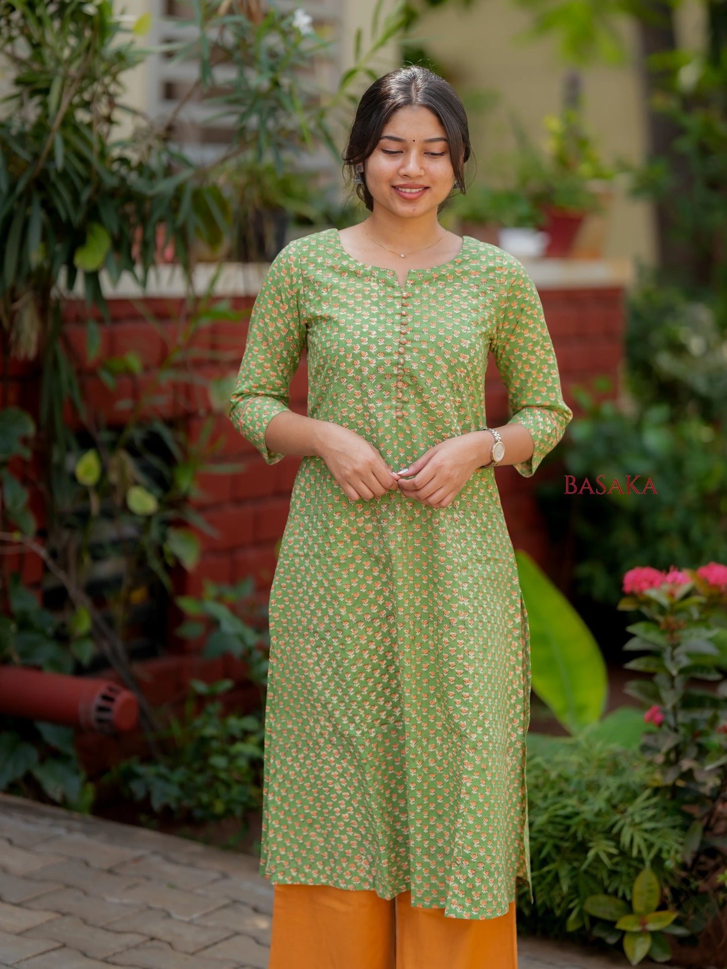 Lime Green Block Printed COTTON A-line Kurta