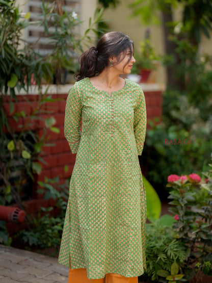 Lime Green Block Printed COTTON A-line Kurta