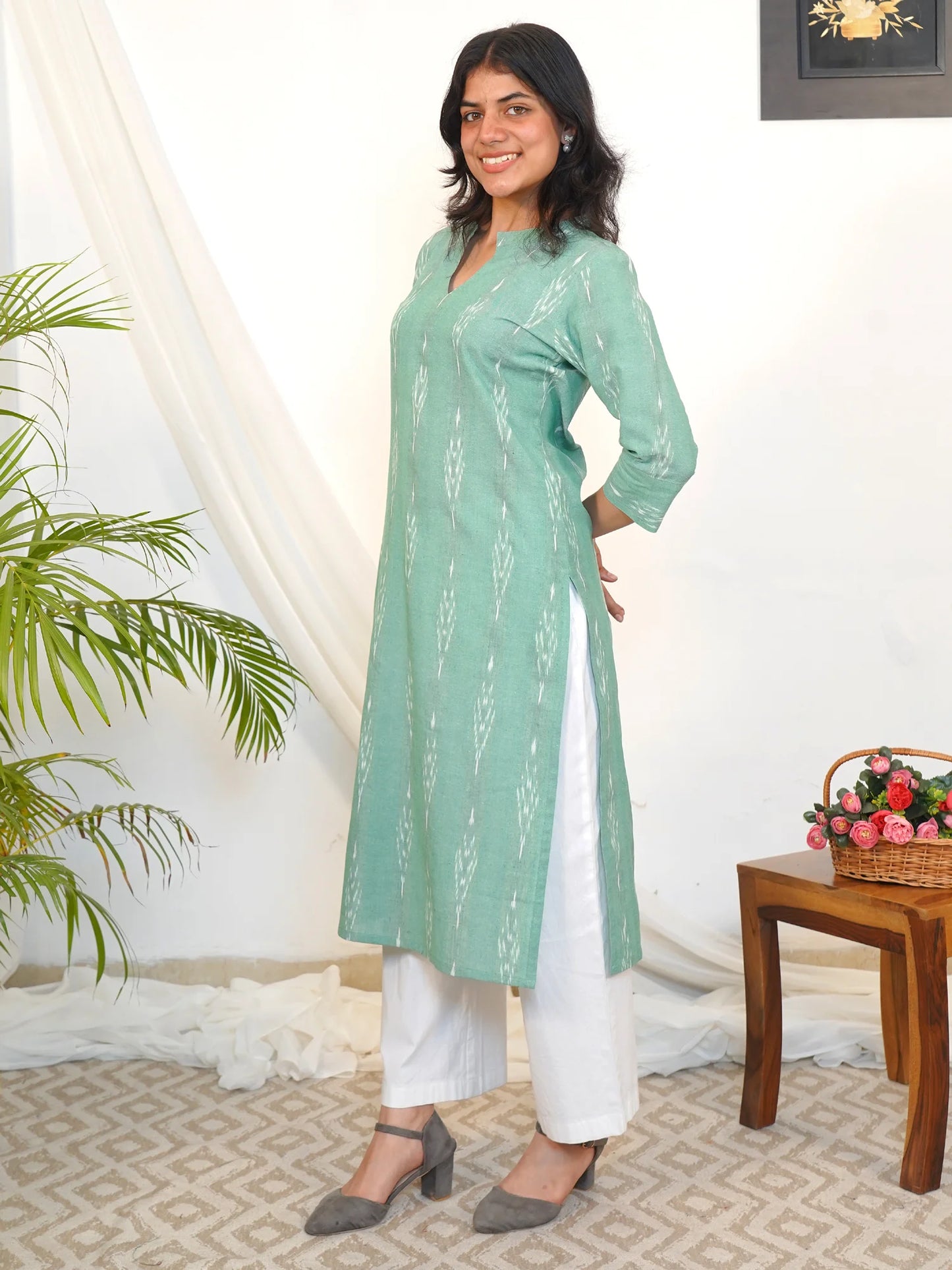 Magic Mint Ikkat Handloom Cotton Kurta