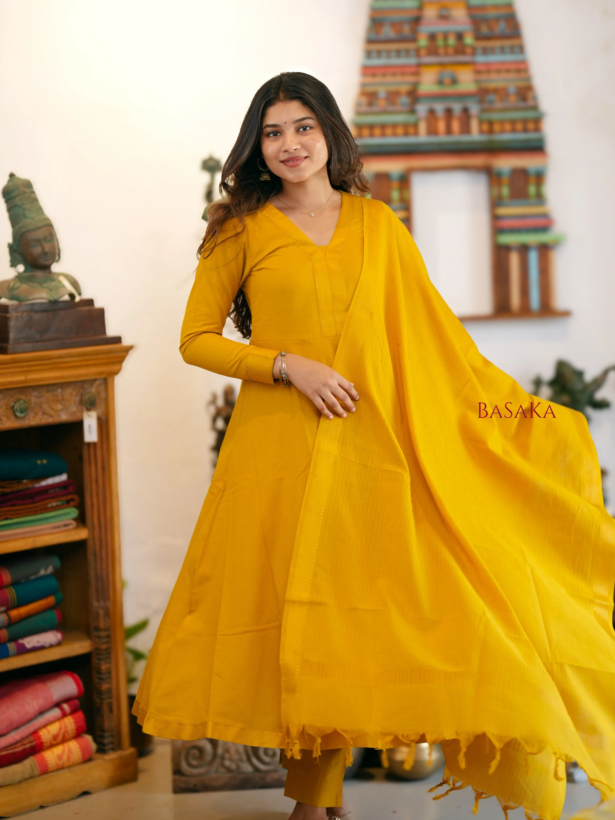 Mangalagiri Marigold Anarkali Suit Set (3 Pcs.) with lining