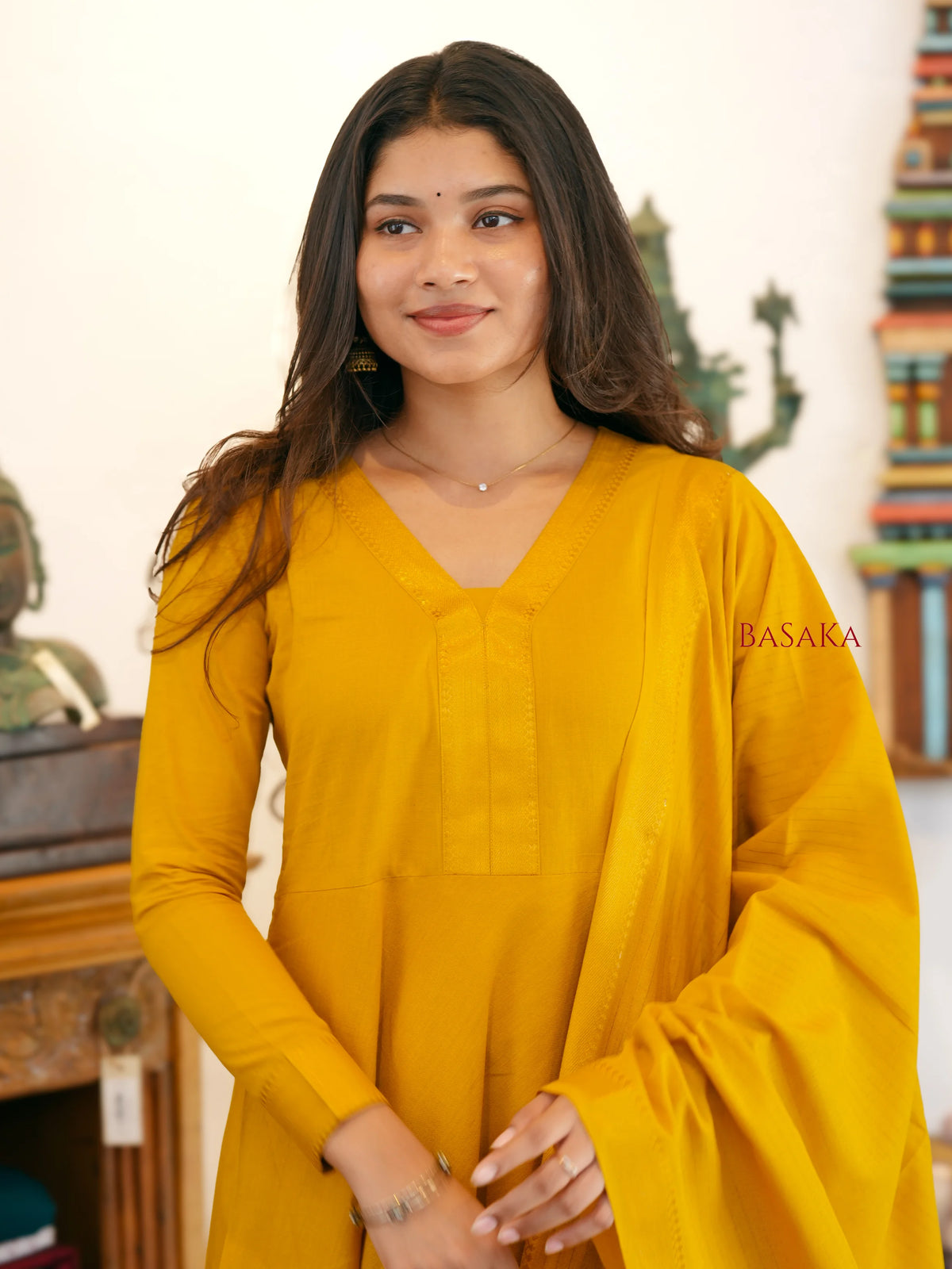 Mangalagiri Marigold Anarkali Suit Set (3 Pcs.) with lining