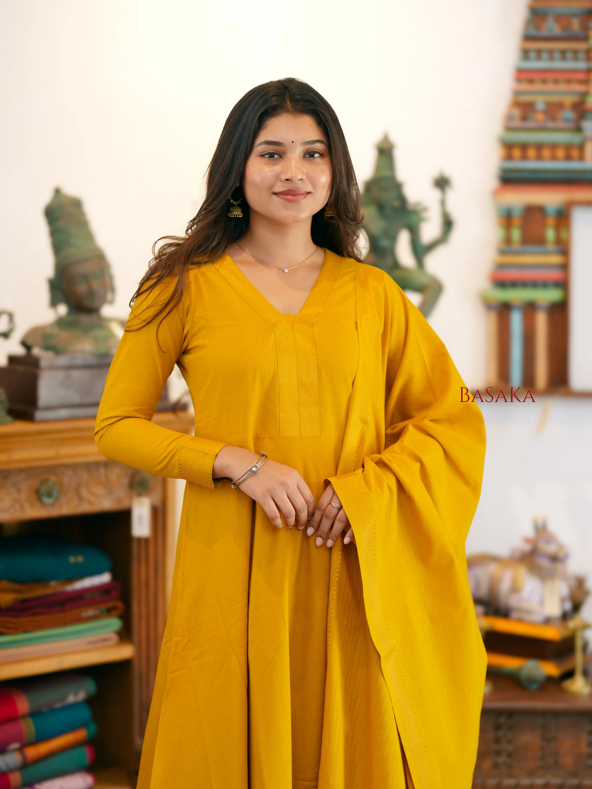 Mangalagiri Marigold Anarkali Suit Set (3 Pcs.) with lining