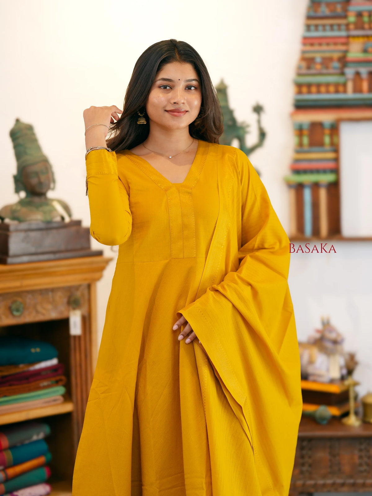 Mangalagiri Marigold Anarkali Suit Set (3 Pcs.) with lining