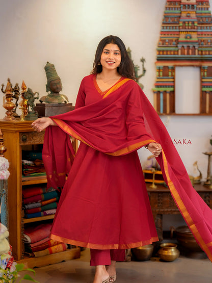 Mangalagiri Pink Ruby Anarkali Suit Set (3 Pcs.) with lining