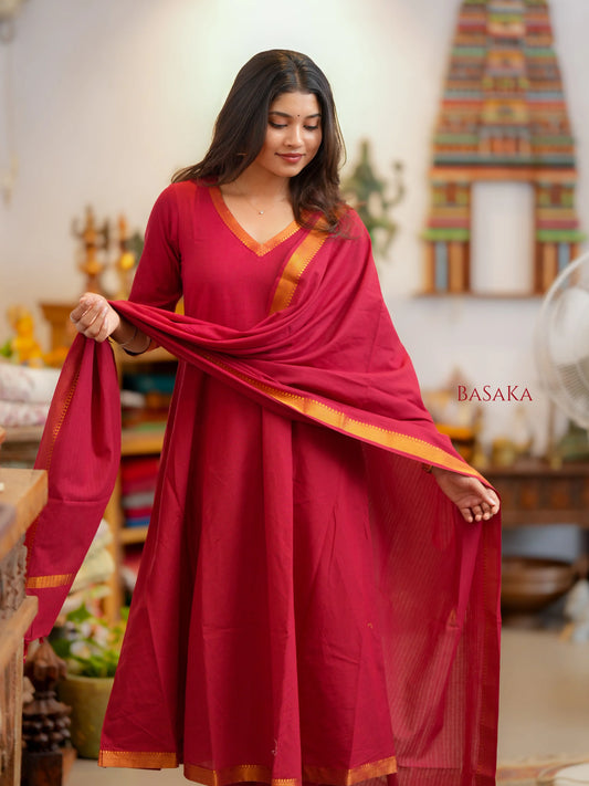 Mangalagiri Pink Ruby Anarkali Suit Set (3 Pcs.) with lining