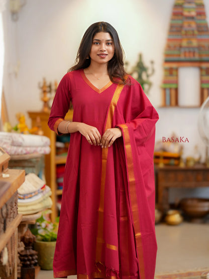 Mangalagiri Pink Ruby Anarkali Suit Set (3 Pcs.) with lining