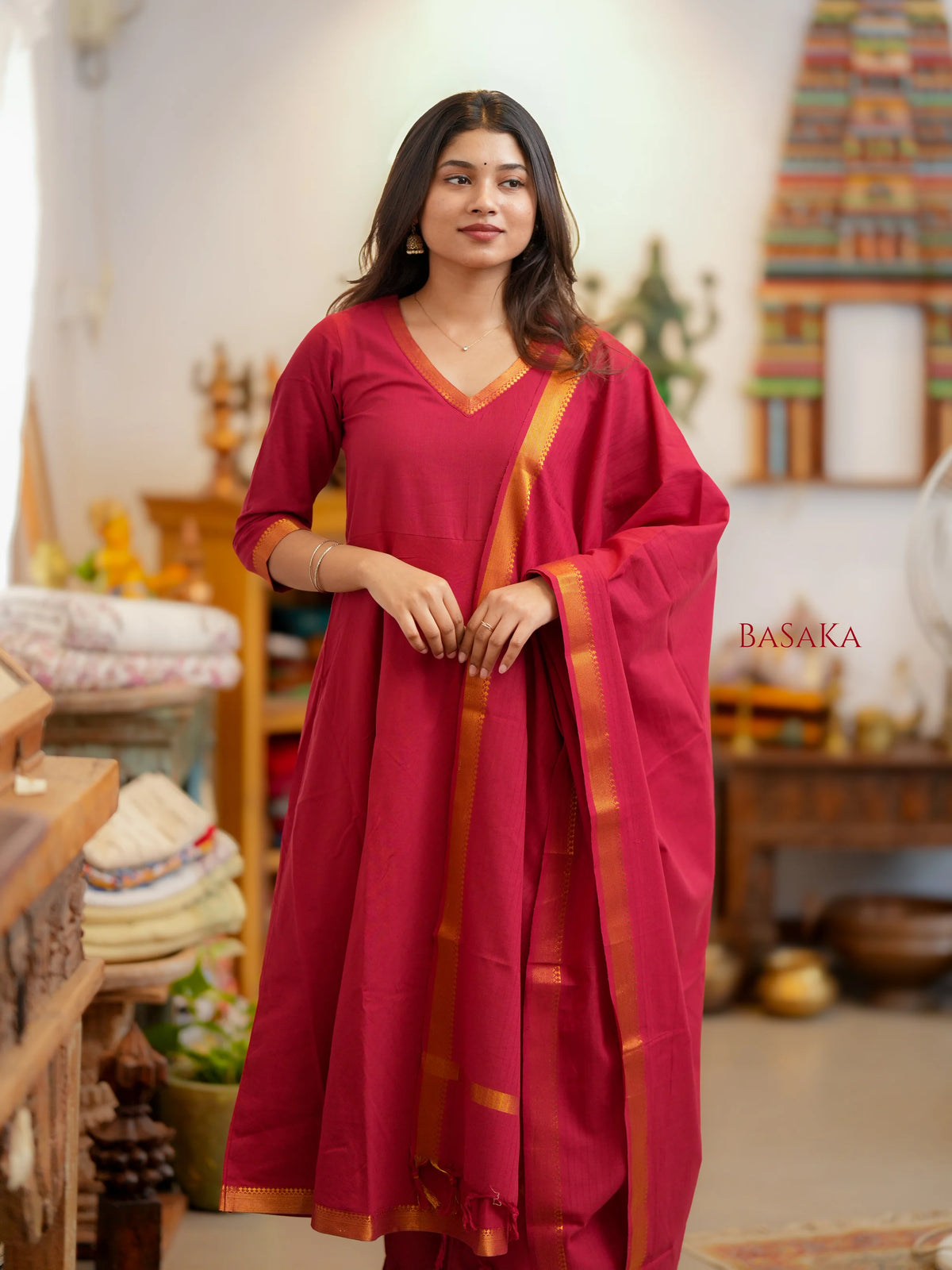 Mangalagiri Pink Ruby Anarkali Suit Set (3 Pcs.) with lining