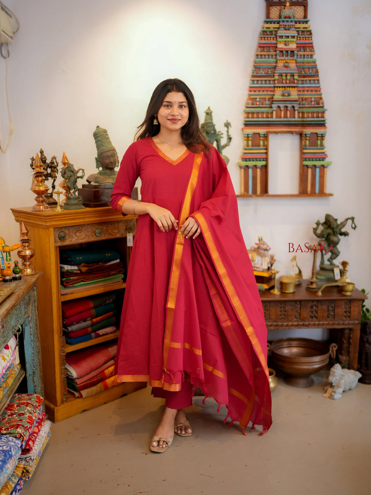 Mangalagiri Pink Ruby Anarkali Suit Set (3 Pcs.) with lining