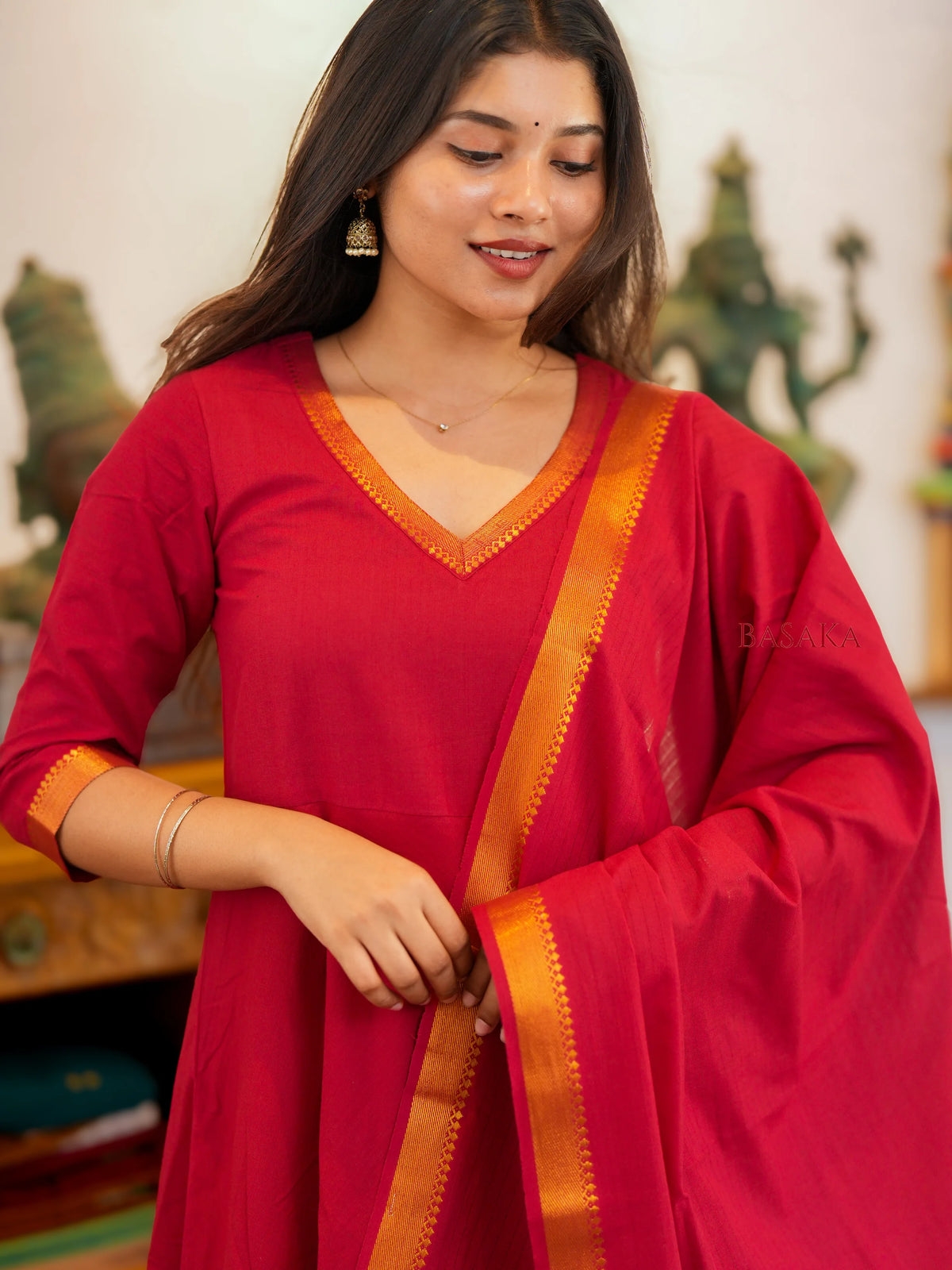 Mangalagiri Pink Ruby Anarkali Suit Set (3 Pcs.) with lining
