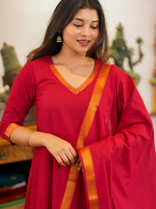 Mangalagiri Pink Ruby Anarkali Suit Set (3 Pcs.) with lining