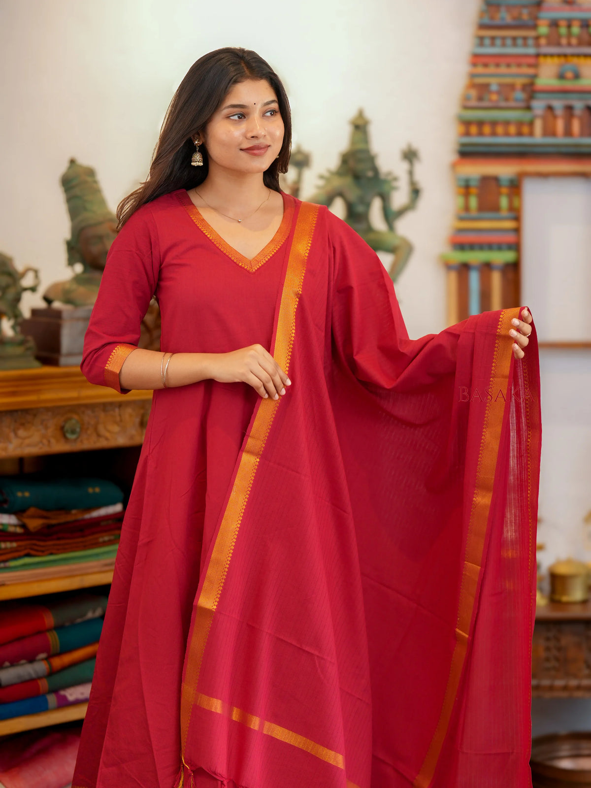 Mangalagiri Pink Ruby Anarkali Suit Set (3 Pcs.) with lining