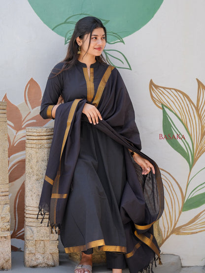 Mangalagiri Smoky Black Anarkali Suit Set (3 Pcs.) with lining