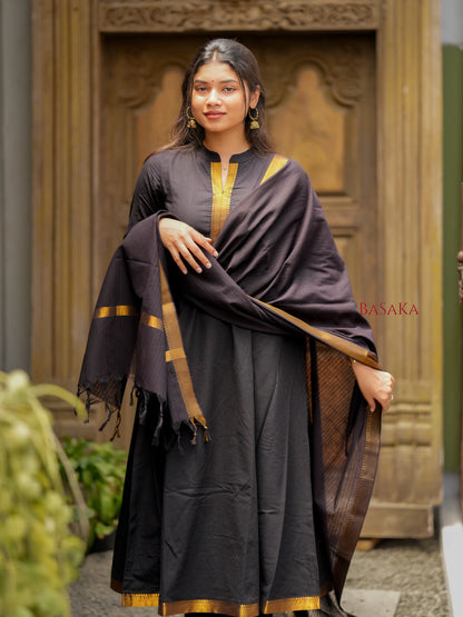 Mangalagiri Smoky Black Anarkali Suit Set (3 Pcs.) with lining