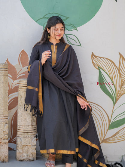 Mangalagiri Smoky Black Anarkali Suit Set (3 Pcs.) with lining