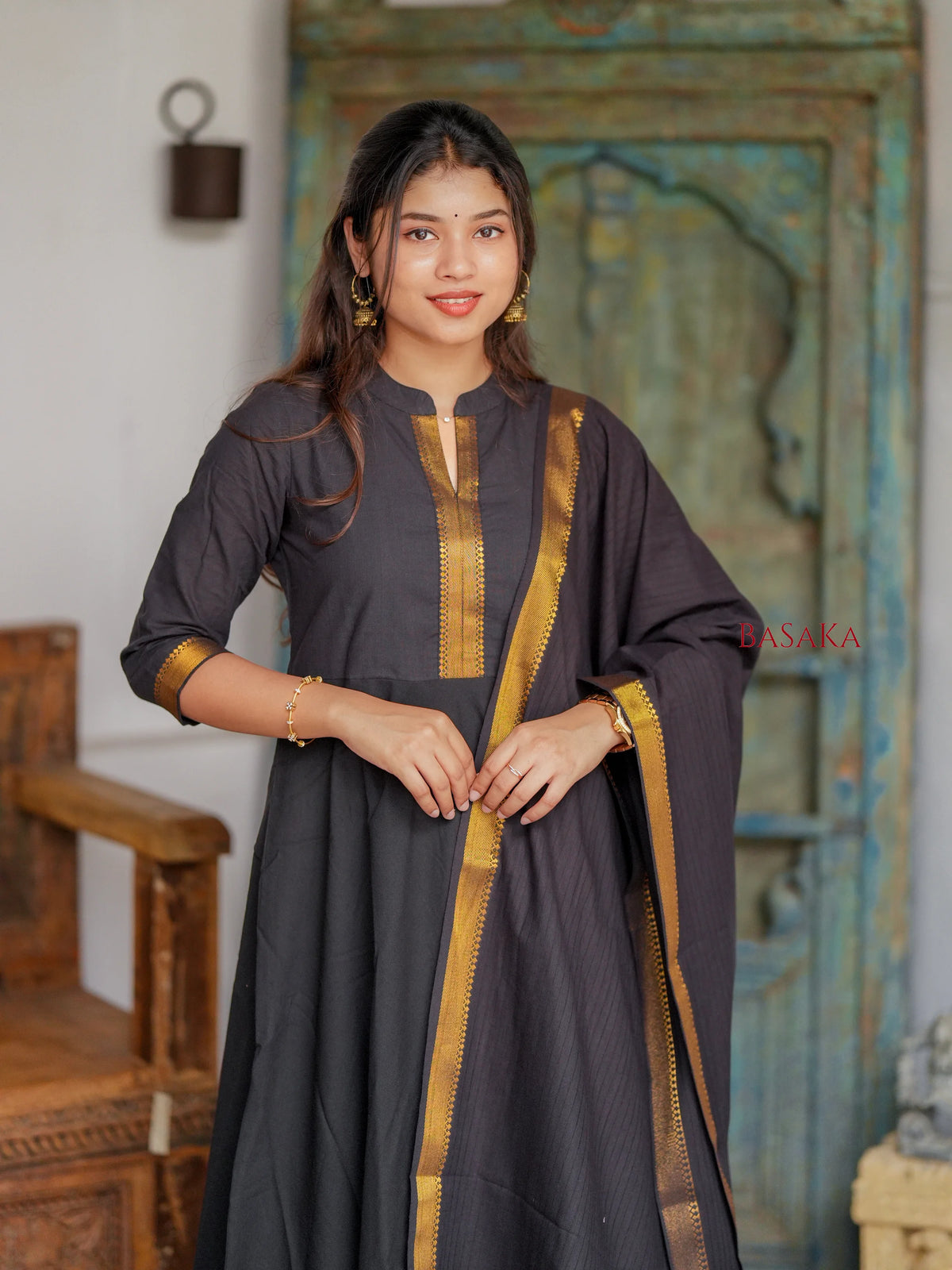 Mangalagiri Smoky Black Anarkali Suit Set (3 Pcs.) with lining