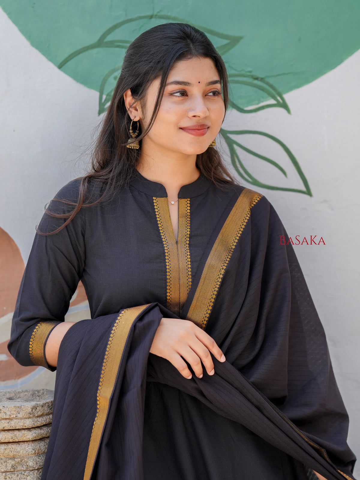 Mangalagiri Smoky Black Anarkali Suit Set (3 Pcs.) with lining
