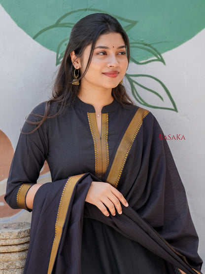 Mangalagiri Smoky Black Anarkali Suit Set (3 Pcs.) with lining
