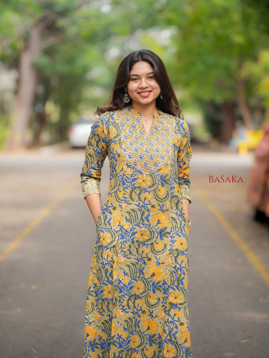 Marigold Blue Blossom A-line COTTON Kurta