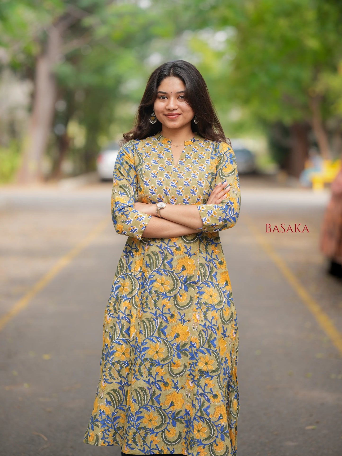 Marigold Blue Blossom A-line COTTON Kurta