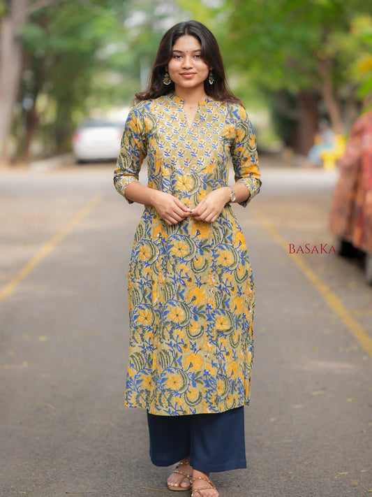 Marigold Blue Blossom A-line COTTON Kurta