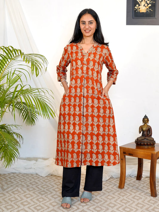 Maroon Heritage Ambi Box Pleated COTTON A-line Kurta