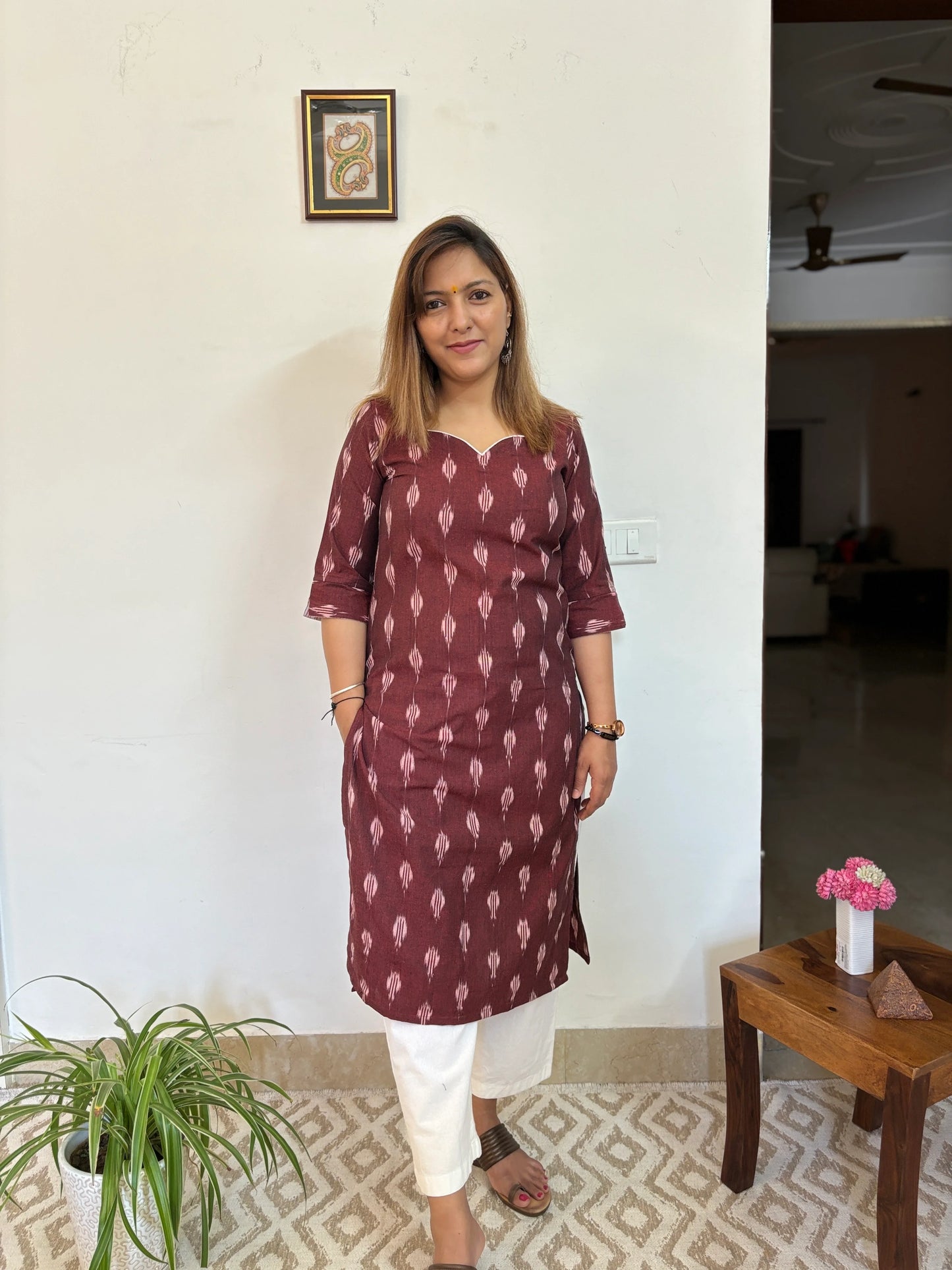 Maroon Ikkat Handloom Cotton Kurta