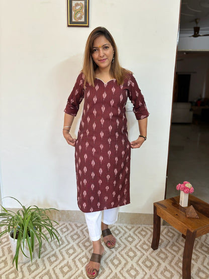 Maroon Ikkat Handloom Cotton Kurta