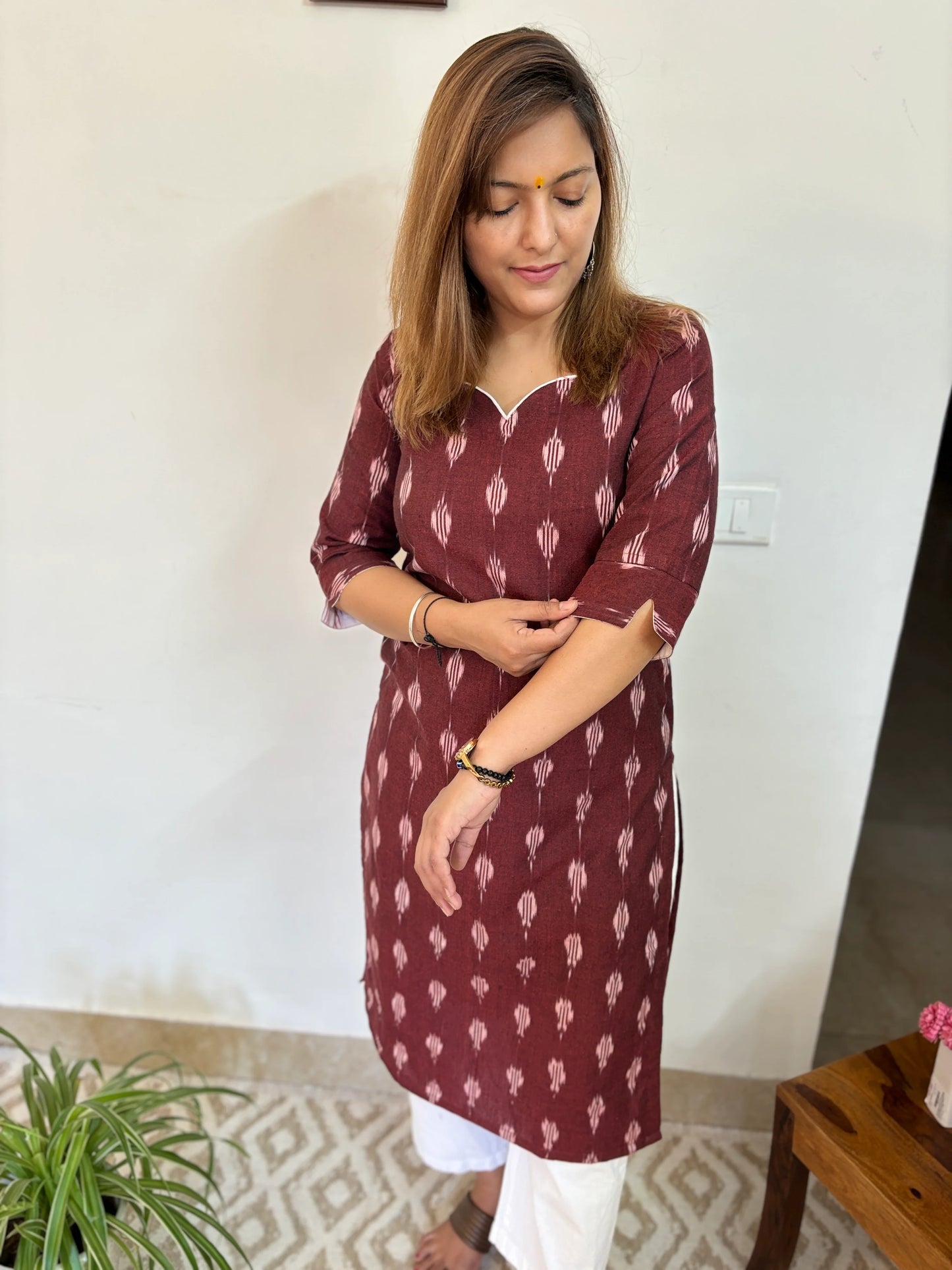 Maroon Ikkat Handloom Cotton Kurta