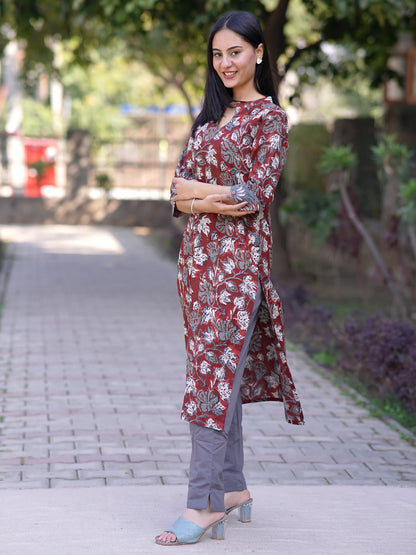 Maroon Leafy Block Printed Cotton Kurta