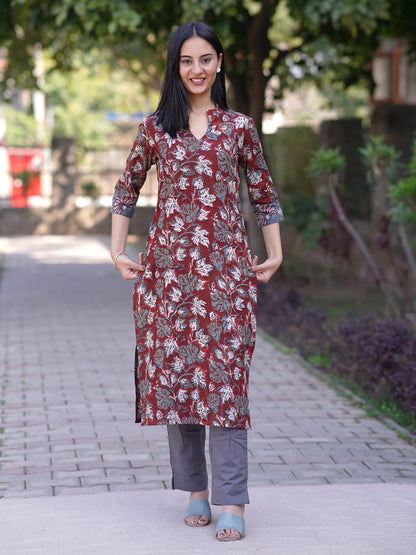 Maroon Leafy Block Printed Cotton Kurta