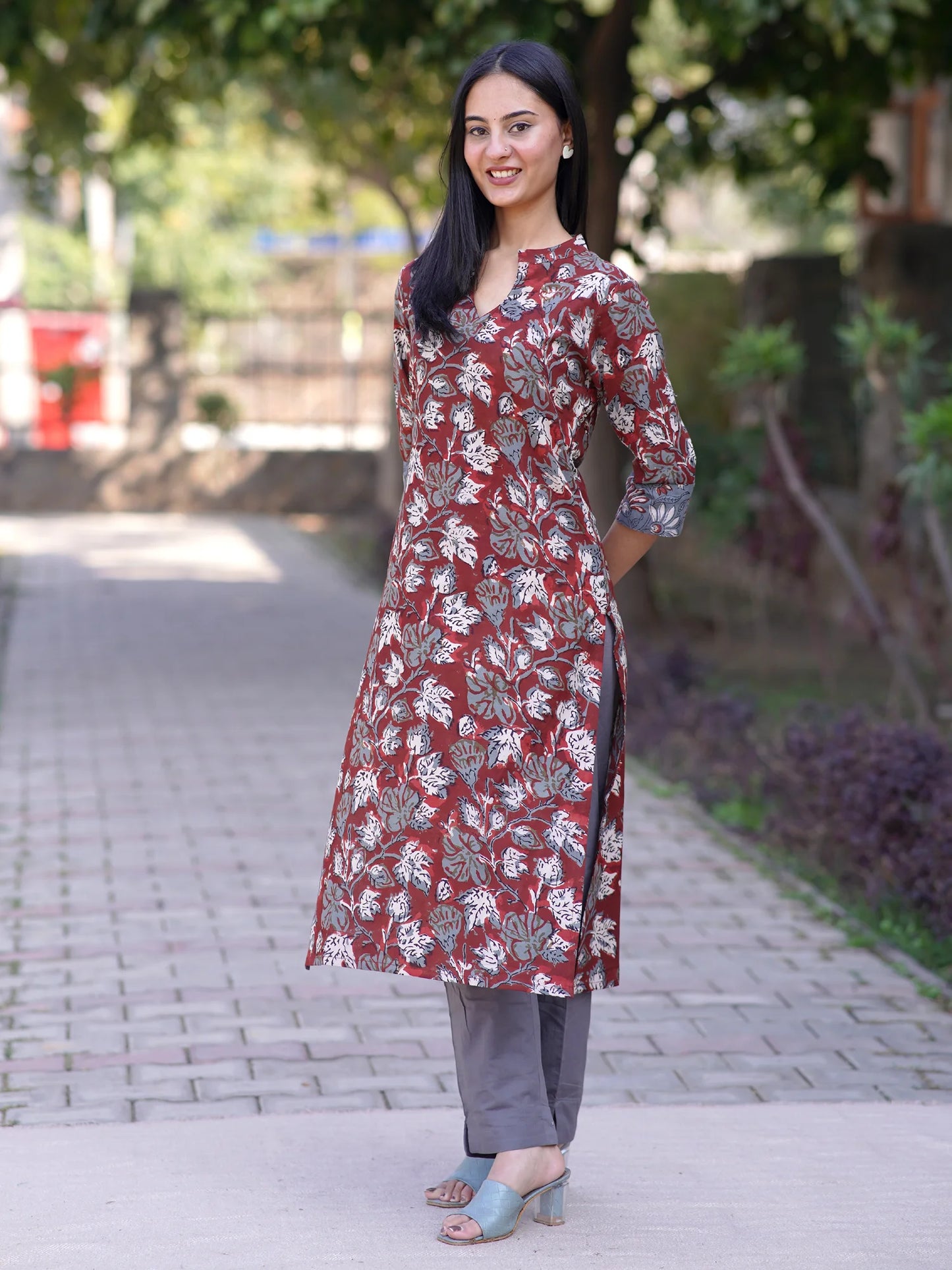 Maroon Leafy Block Printed Cotton Kurta