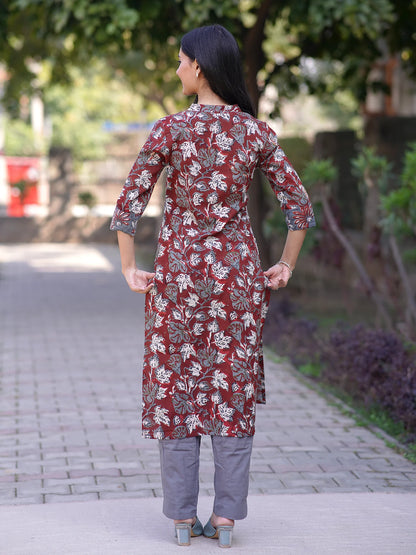 Maroon Leafy Block Printed Cotton Kurta